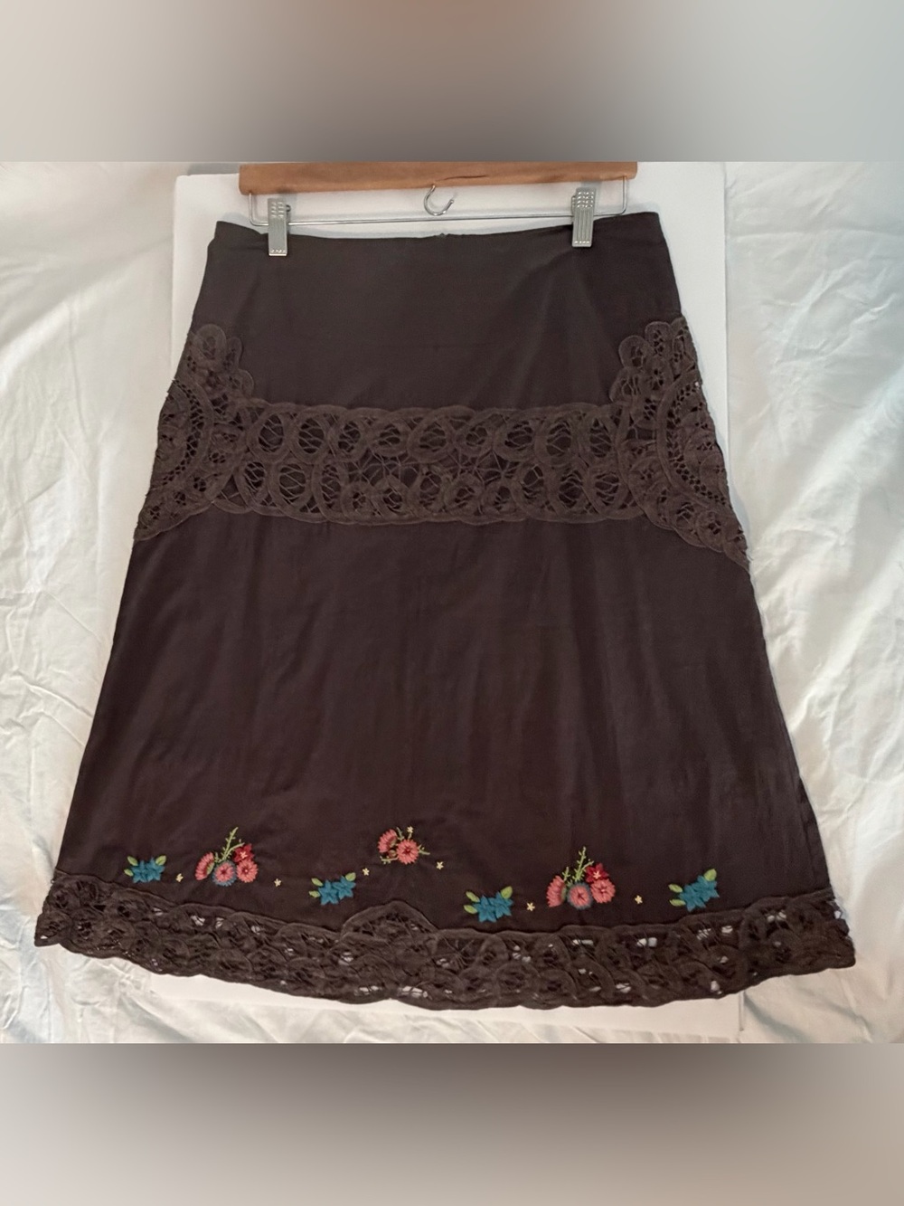 VINTAGE Hazel Brown Embroidered Lace A-Line Skirt